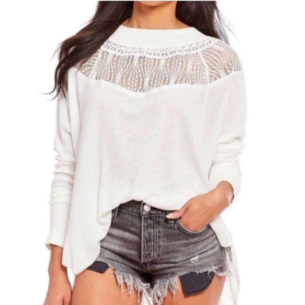Free People Ivory Spring Oversized Waffle Knit Top With Lace Neckline M